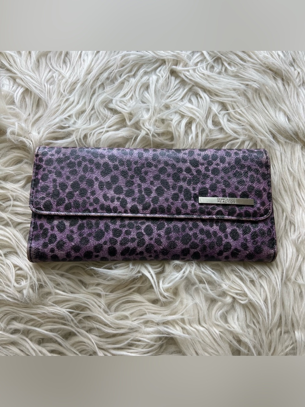 Y2K Kenneth Cole Purple Cheetah Animal Print Leather Trifold Wallet Mob Wife